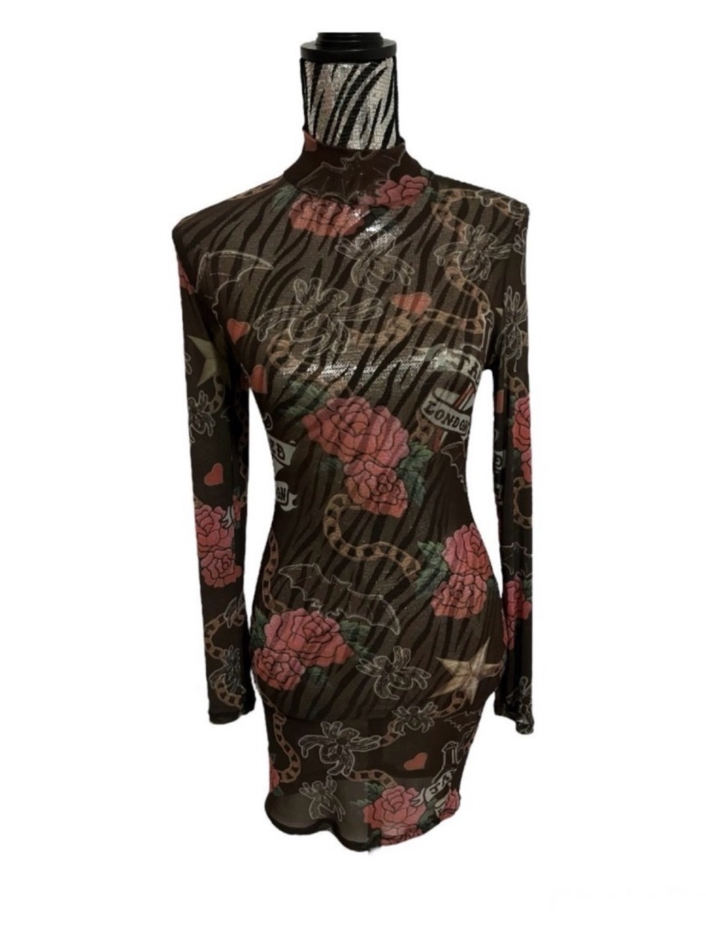 Jaded London Bodycon Mesh Tattoo Print Dress